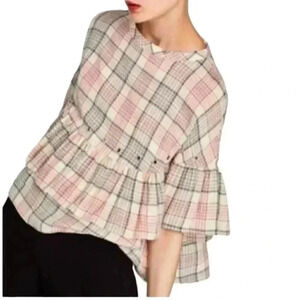 Zara Plaid Grommet Ruffle Tier Layered Bell-sleeve Blouse